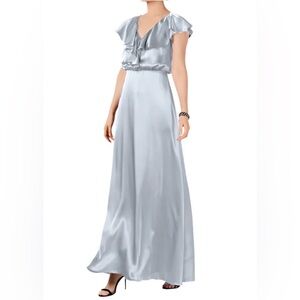 NWOT Elegant Silver Ruffle V-Neck Maxi Dress, Size 10